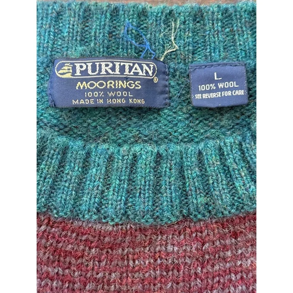 Vintage Puritan Moorings Mens Size L Wool Sweater Plaid Green Red Blue Grandpa - Picture 3 of 6